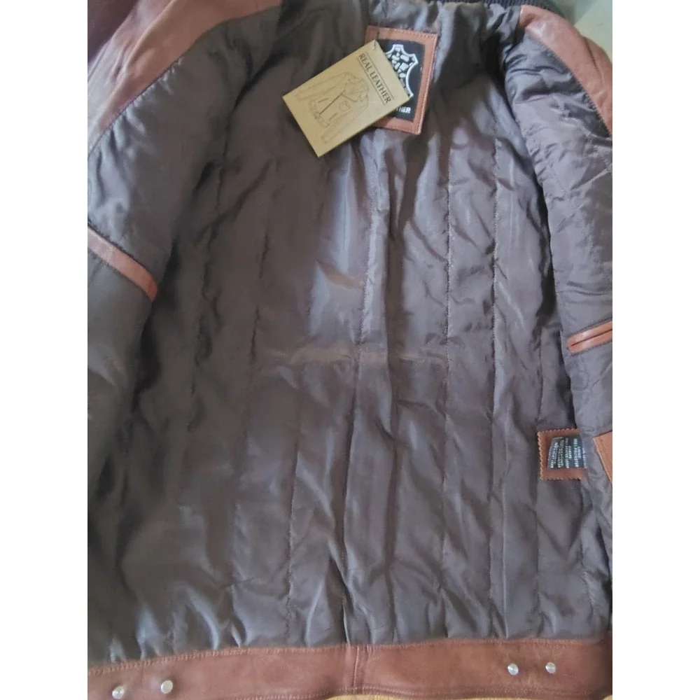 Men's Cognac Brown Real Leather Moto Biker Bomber Jacket Ribbed Collar Size L